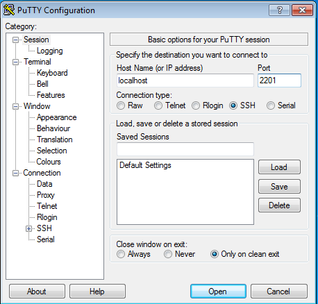 Create session in PuTTY to connect to virtual guest SSH server