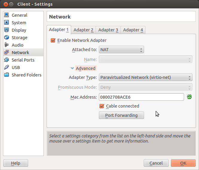 VirtualBox settings for network adapter 1 on client
