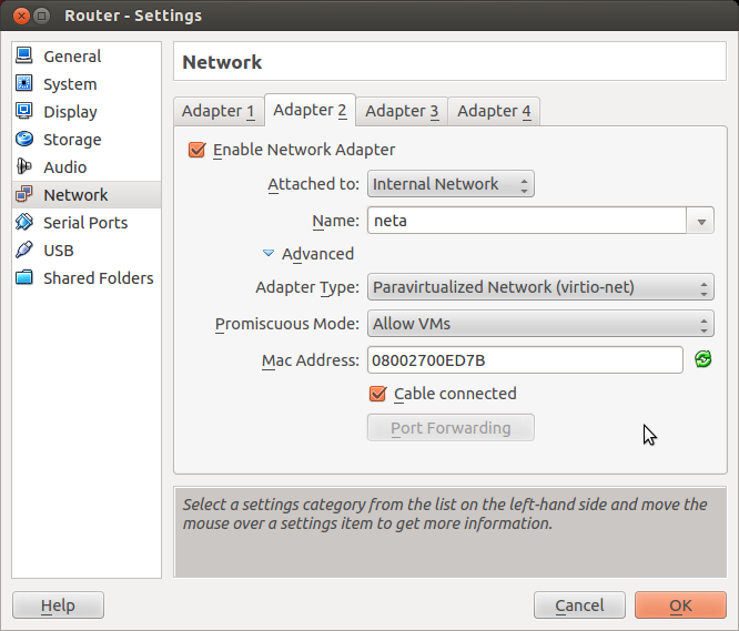 VirtualBox settings for network adapter 2 on router