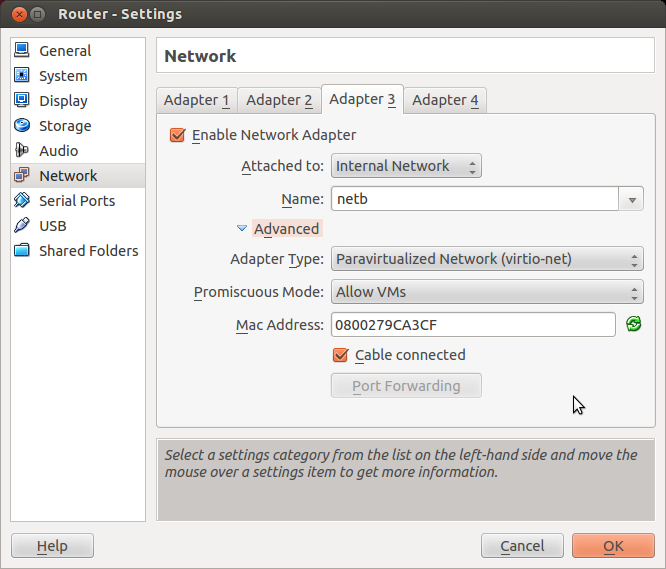 VirtualBox settings for network adapter 3 on router