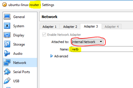 VirtualBox Network Settings for Router Adapter 3 using Internal Network netb