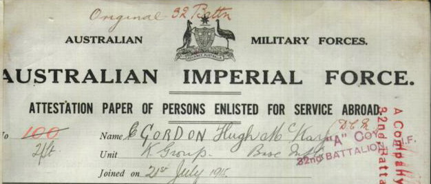 Army record for Hugh Mckay Gordon