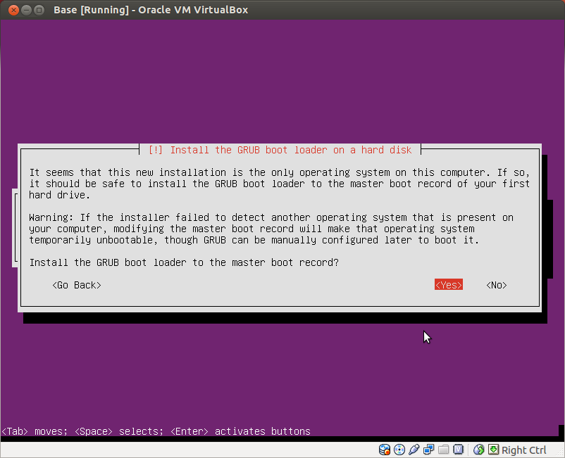 Again, as this is install as a virtual machine, there is no reason to worry about the warning. Choose Yes