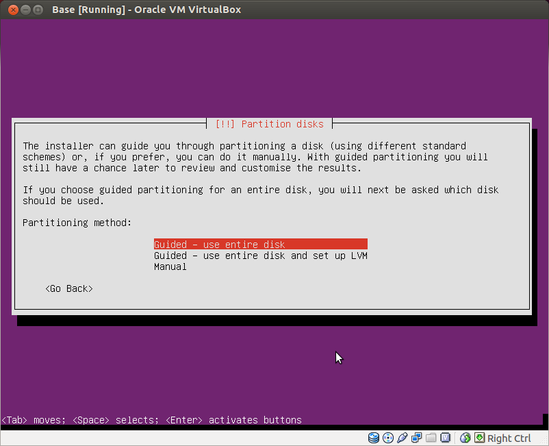 The default Guided - use entire disk is the correct partition scheme