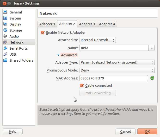 VirtualBox settings for network adapter 2 on base