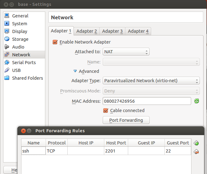 virtualbox network settings for ssh