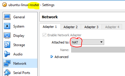 VirtualBox Network Settings for Router Adapter 1 using NAT