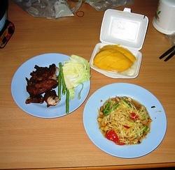 Fried chicken, Spicy papaya salad and Mango with Coconut rice